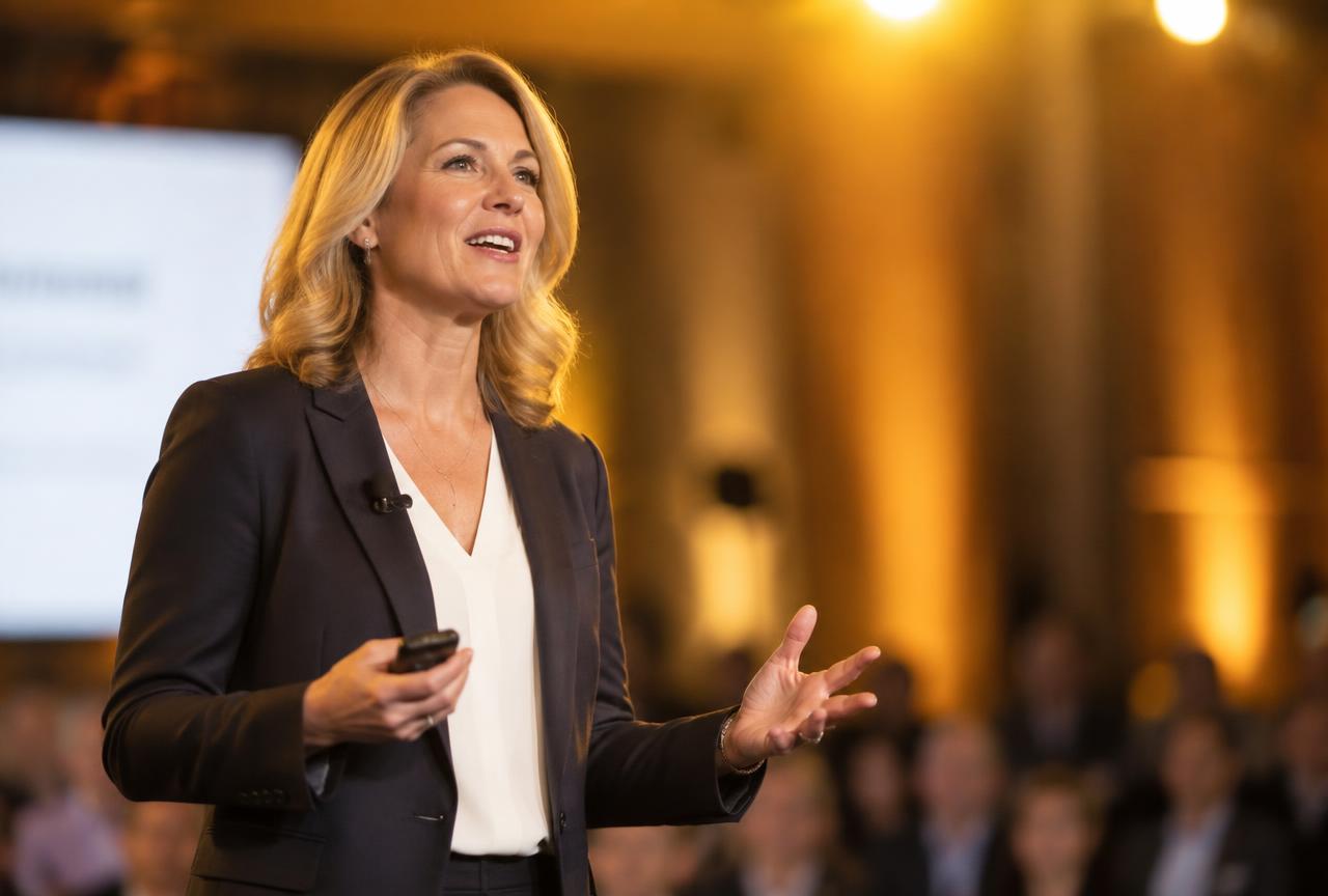 Blonde woman giving a keynote presentation on a conference stage